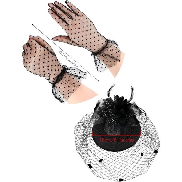 Elegant Black Feathered Mesh Veil Fascinator with Gorgeous Black Lace Gloves NWT Elegant Black Feathered Mesh Veil Fascinator with Gorgeous  main image 4
